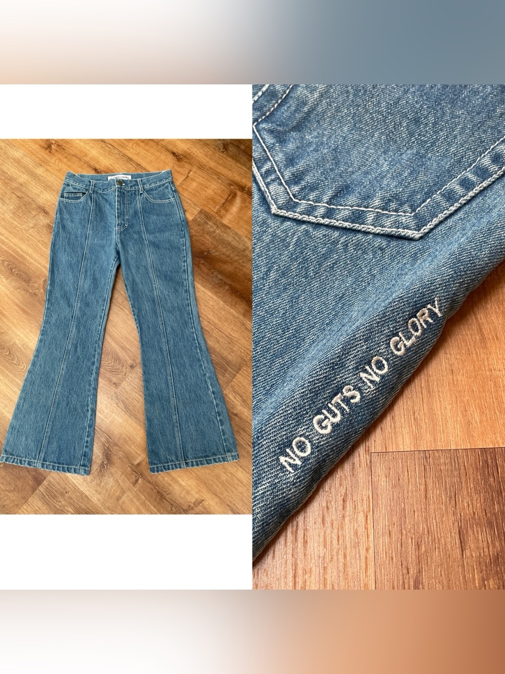Sandy‎ Liang Seamed Flare Jeans Embroidered “No Guts No Glory” #